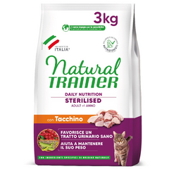 NATURAL TRAINER CAT STERILISED TURKEY 3KG - pilnvērtīga sausā barība ar tītara gaļu pieaugušiem sterilizētiem kakiem