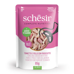 Schesir Cat Tuna and Chicken with Ham 85g - tuncis, vistas fileja un šķiņķis želejā