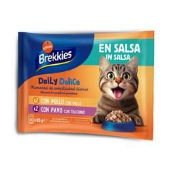 Brekkies Daily Delice Wet Cat Adult Chicken & Turkey 4x85 gr - konservi pieaugušiem kaķiem, ar vistas vai tītara gaļu.