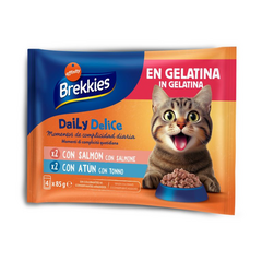 Brekkies Daily Delice Wet Jelly Adult Salmon & Tuna 4x85 gr - konservi želejā pieaugušiem kaķiem, ar lasi vai tunci
