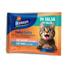 Brekkies Daily Delice Wet Cat Adult Salmon & Tuna 4x85 gr - konservi pieaugušiem kaķiem, ar lasi vai tunci.