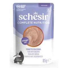 Schesir Cat Tuna with Grouper In Mousse 85g - pilnvērtīgā barība - tunča un grupera uzputenis