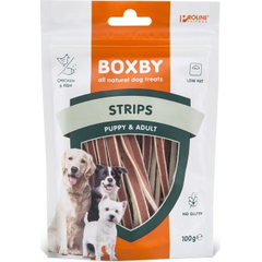 BOXBY STRIPS FOR DOGS 100G - papildbarība kucēniem no 3 mēn. un pieaugušiem suņiem, vistas gaļu un zivīm.