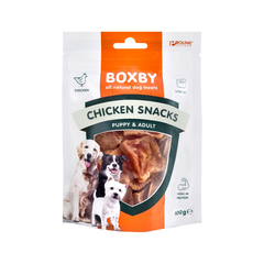 BOXBY CHICKEN SNACKS 100g - papildbarība pieaugušiem suņiem un kucēniem no 3 mēnešu vec., kaltēti vistu gaļas gabaliņi.