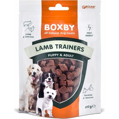 BOXBY LAMB TRAINERS PUPPY & ADULT 100g  - papildbarība kucēniem no 3 mēn.un pieaugušiem suņiem, ar jēra un vistas gaļu.