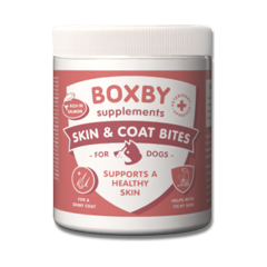BOXBY SKIN & COAT BITES 240g - papildbarības suņiem, veicina suņa ādas un apmatojuma veselību.