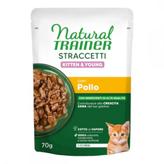 NATURAL TRAINER WET CAT STRACCETTI KITTEN CHICKEN 70 G - mitrā sabalansēta barība kaķēniem vecumā no 1 līdz 12 mēnešiem. Vistas gaļas gabaliņi mercē.