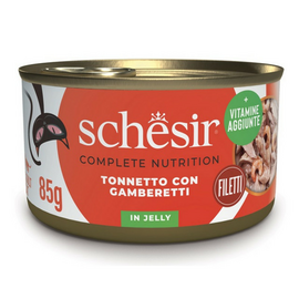 Schesir Cat Tuna with Shrimps in Jelly 85g - pilnvērtīgā barība - tuncis un garneles želejā