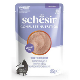 Schesir Cat Tuna with Grouper In Mousse 85g - pilnvērtīgā barība - tunča un grupera uzputenis
