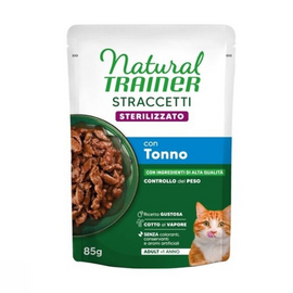 NATURAL TRAINER WET CAT STRACCETTI STERILIZED TUNA 85 G - mitrā pilnvērtīga barība pieaugušiem sterilizētiem kaķiem, gabaliņi ar tunci mercē.