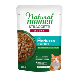 NATURAL TRAINER WET CAT ADULT COODFISH 85 G - mitrā pilnvērtīga barība pieaugušiem kaķiem, mencas un gaļas gabaliņi mercē.