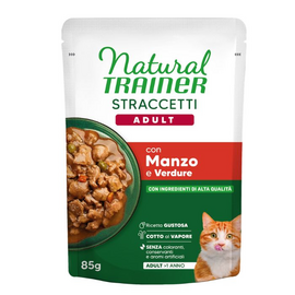 NATURAL TRAINER WET CAT ADULT BEEF 85 G - mitrā pilnvērtīga barība pieaugušiem kaķiem, liellopu gaļas gabaliņi mercē.