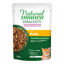 NATURAL TRAINER WET CAT STRACCETTI KITTEN CHICKEN 70 G - mitrā sabalansēta barība kaķēniem vecumā no 1 līdz 12 mēnešiem. Vistas gaļas gabaliņi mercē.