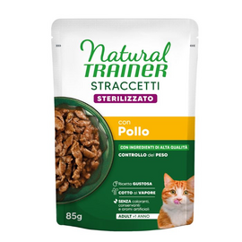 NATURAL TRAINER WET CAT STRACCETTI STERILIZED CHICKEN 85 G - mitrā pilnvērtīga barība pieaugušiem sterilizētiem kaķiem, vistas gaļas gabaliņi mercē.