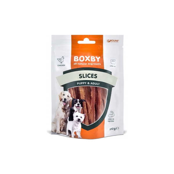 BOXBY SLICES FOR DOGS 100G - ŠĶĒLĪTES KUCĒNIEM UN PIEAUGUŠIEM SUŅIEM (VISTA)