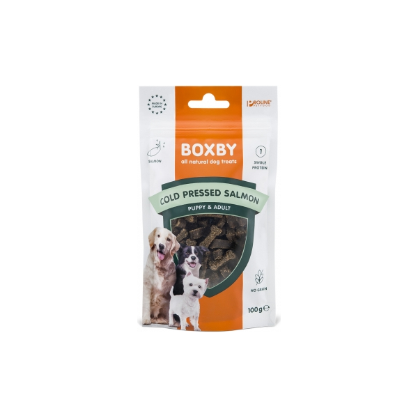 BOXBY COLD PRESED SALMON TREAT 100G - ЛАКОМСТВО ХОЛОДНОГО ПРЕССОВАНИЯ С ЛОСОСЕМ ДЛЯ СОБАК