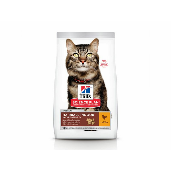 HILL'S CAT MATURE INDOOR HAIRBALL CHICKEN 1.5 kg  - sausā barība ar vistu spalvas izvadīšanai nobriedušiem kaķiem