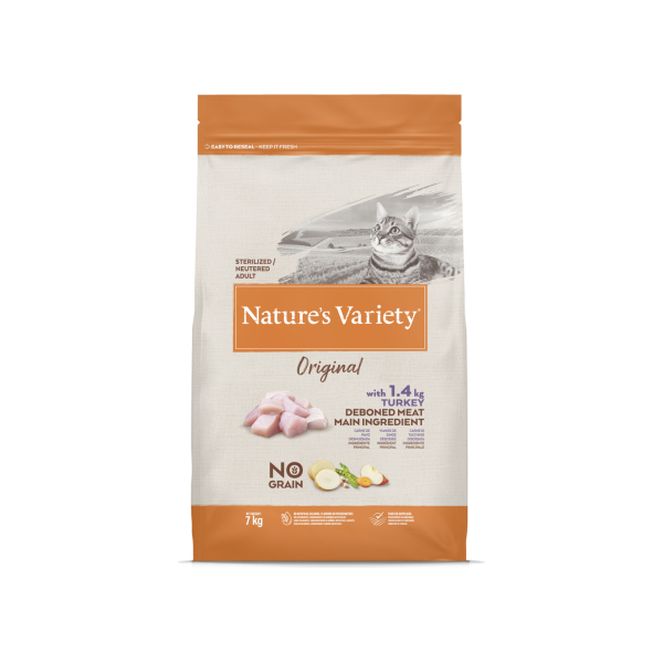 Nature's Variety Cat Original No Grain Sterilized Turkey 7kg - Bezgraudu barība ar tītaru pieaugušiem sterilizētiem kaķiem