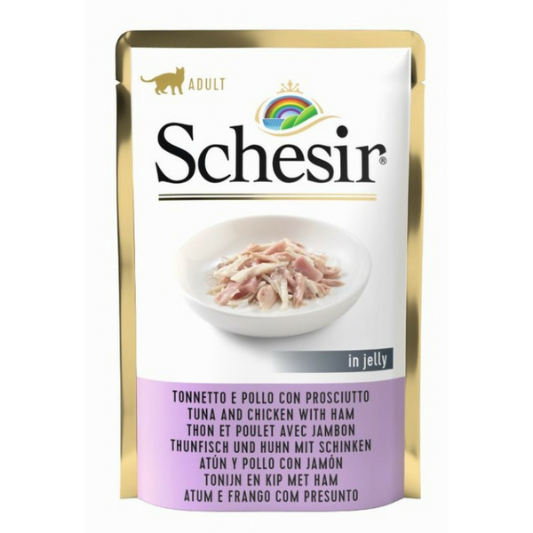 Schesir Cat Tuna and Chicken with Ham 85g - tuncis, vistas fileja un šķiņķis želejā