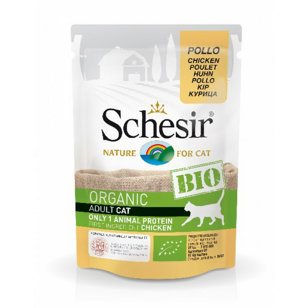 Schesir BIO Monoprotein Chicken 85g - bezgraudu organiska sautēta vista kaķiem