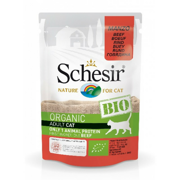 Schesir BIO Monoprotein Beef 85g - bezgraudu organiska sautēts liellops kaķiem