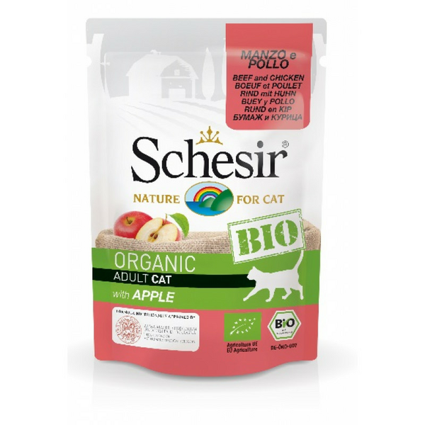 Schesir BIO Beef, Chicken & Apple 85g - bezgraudu organiska sautēts liellops, vista un ābols kaķiem