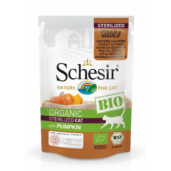 Schesir BIO Chicken, Pork & Pumpkin Sterilized 85g - bezgraudu organiska sautēta vista, cūkgaļa un ķirbis sterilizētiem kaķiem