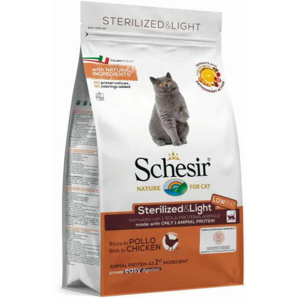 Schesir Sterilized&Light Chicken 1.5kg - sausā barība ar vistu sterilizētiem kaķiem un kaķiem ar lieko svaru