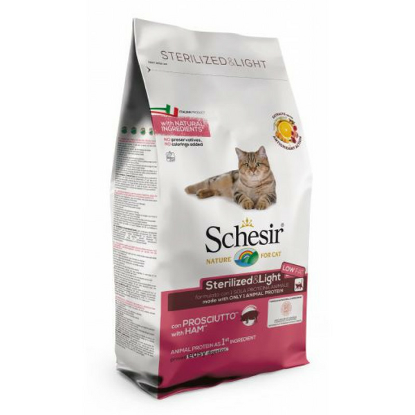 Schesir Sterilized&Light Ham 1.5kg - sausā barība ar šķiņķi sterilizētiem kaķiem un kaķiem ar lieko svaru