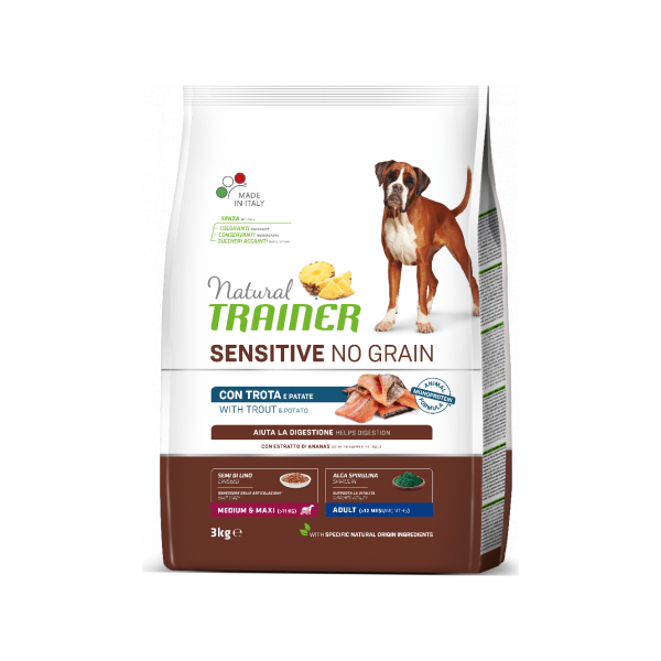 NT DOG SENSITIVE NO GRAIN ADULT MEDIUM/MAXI TROUT 3 KG - Pilnvērtīga bezglutēna barība pieaugušiem vidējo un lielo šķirņu suņiem.