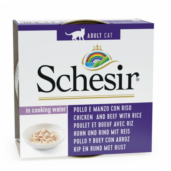 SCHESIR Cat Chicken Fillets, Beef Fillets and Rice natural style 85g - vistas fileja, liellopa fileja un rīsi savā sulā