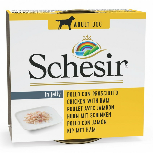 SCHESIR Dog Chicken Fillets with Ham in Jelly 150g - vistas fileja un šķiņķis želejā