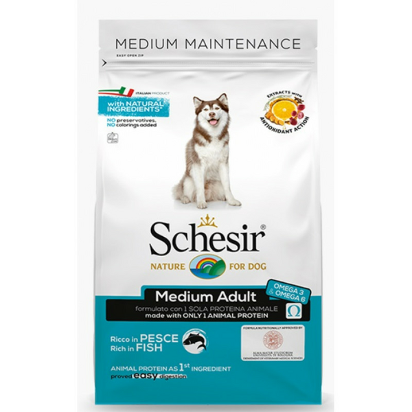 SCHESIR Medium Adult Fish 12kg - sausā barība ar okeāna zivīm vidējo šķirņu pieaugušiem suņiem
