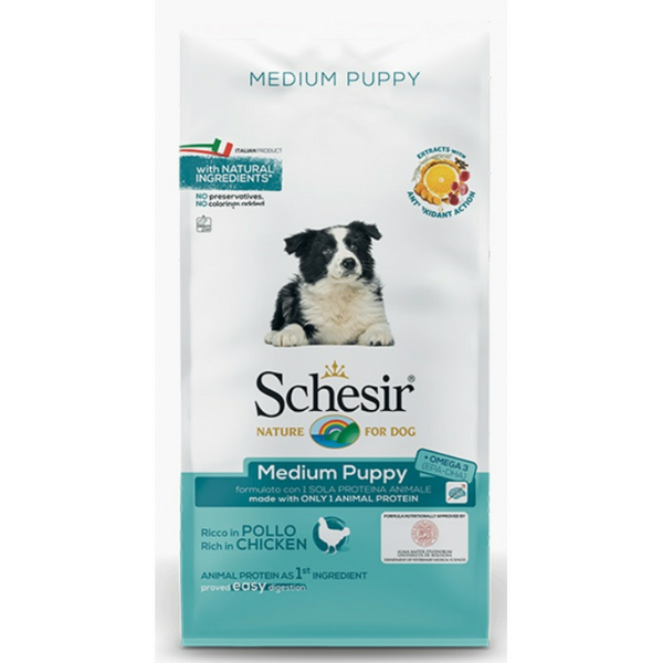 SCHESIR Medium Puppy 3kg - sausā barība ar vistu vidējo šķirņu kucēniem, grūsnām un laktējošām kucēm