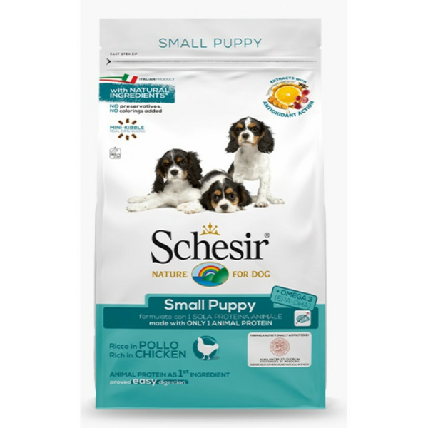 SCHESIR Small Puppy 800g - sausā barība ar vistu mazo šķirņu kucēniem, grūsnām un laktējošām kucēm
