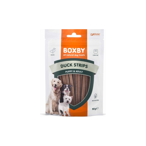 BOXBY DUCK STRIPS FOR DOGS 90G - Papildus barība pieaugušiem suņiem, ar pīles gaļu