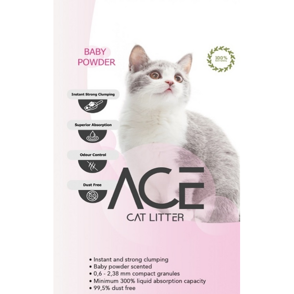 ACE Baby Powder  CAT LITTER 20 LT  - cementējošās smiltis kaķu tualetei ar bērnu pūderi