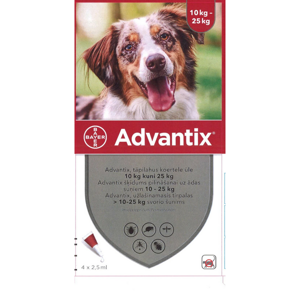 Advantix 250 mg/1250 mg šķīdums (pipetes) pilināšanai uz ādas suņiem 10-25 kg 1gb