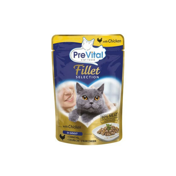 PreVital Fillet For Adult Cats With Chicken In Gravy 85g - Konservi kaķiem, vistas gaļa mērcē