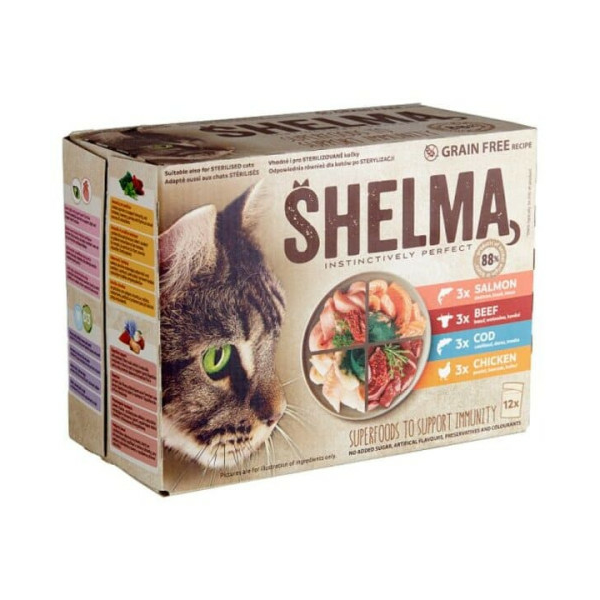 SHELMA MEAT/FISH MIX 12*85G - Консервы для кошек Мясное и Рыбное Ассорти (Говядина, Курица, Треска и Лосось в соусе)