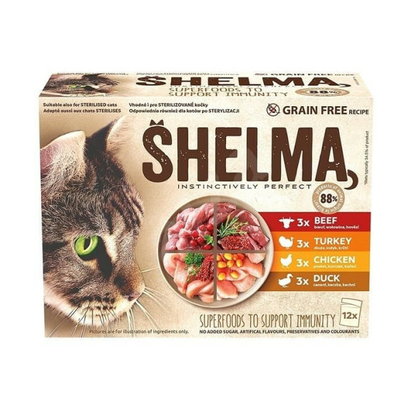 SHELMA MEAT MIX 12*85G - Konservi kaķiem Gaļas Asorti (Liellops, Tītars, Vista, Pīle Mērcē)