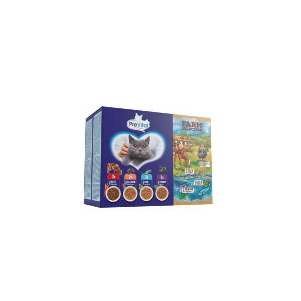 PreVital For Adult Cat Farm Selection With Beef,Salmon,Cod, Turkey 12*85g - Консервы для кошек с говядиной, лососем, треской и индейкой в соусе
