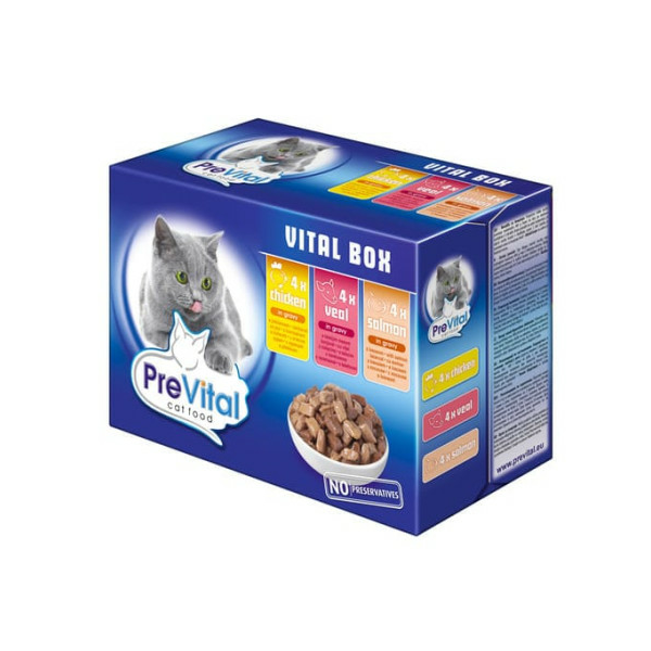 PreVital Pouch For Adult Cat With Chicken, Veal, Salmon In Gravy 12*100gr - Konservi kaķiem vista, teļš un lasis mērce