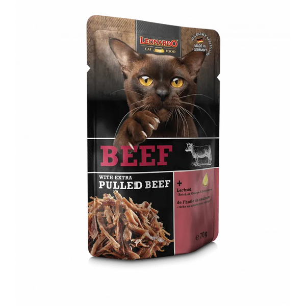 Leonardo Beef with extra pulled Beef 70g - Konservi ar liellopu un plucinātu liellopu kaķiem