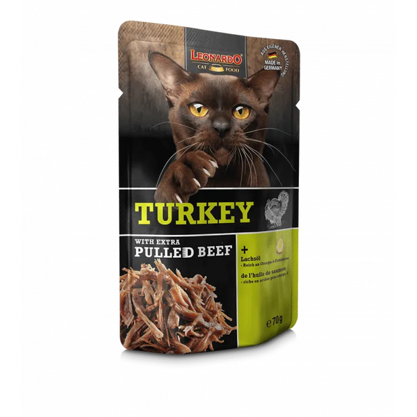 Leonardo Turkey with extra pulled Beef 70g - Konservi ar tītaru un plucinātu liellopu kaķiem