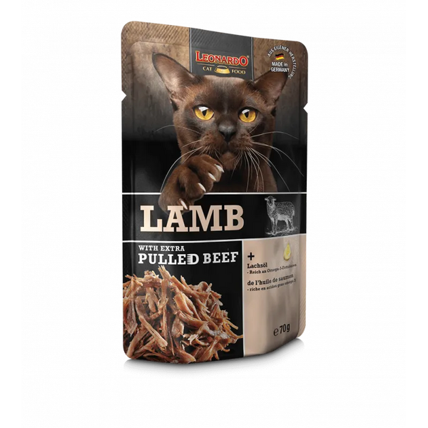 Leonardo Lamb with extra pulled Beef 70g - Konservi ar jēru un plucinātu liellopu kaķiem