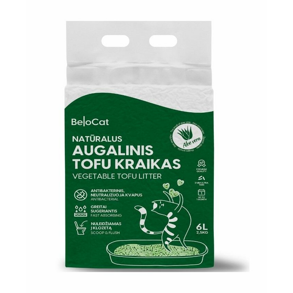 BeloCat Tofu Clumping Cat Litter Aloe 6l - dabīgi granulēti kaķu pakaiši ar kukurūzas cieti un sojas šķiedrām, ar alveju