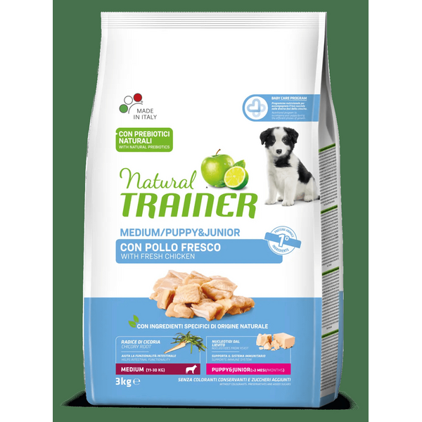 NATURAL TRAINER REGULAR MEDIUM PUPPY & JUNIOR CHICKEN 3 KG - Pilnvērtīga un sabalansēta barība ar vistu vidējo šķirņu kucēniem
