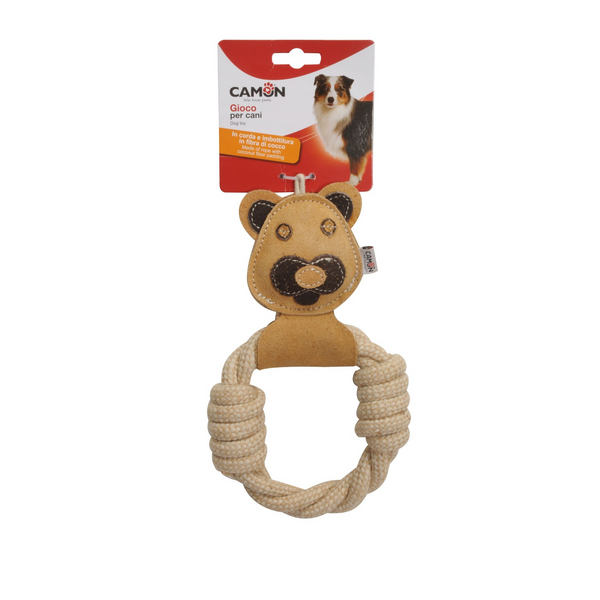 Кожаный медвежонок с хлопковой веревкой 25 см - Игрушка для собак 