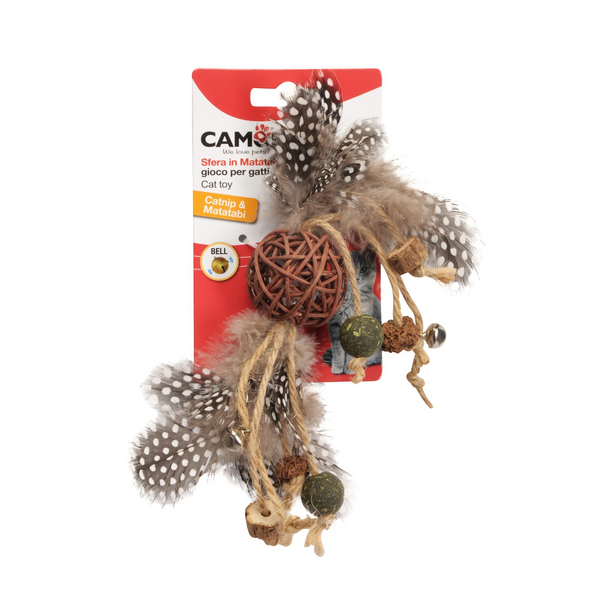 Игрушка для кошек - Мяч из мататаби с джутовой веревкой, кошачьей мятой и колокольчиком 24см